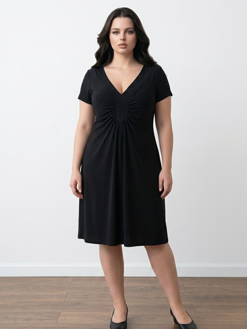 Black V-Neck Short Sleeve Knee-Length Dress with Gathered Front